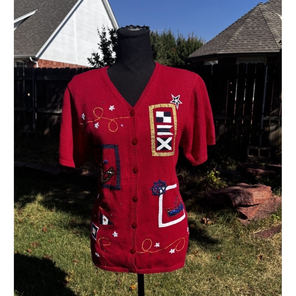 Y2k Susan‎ Graver V-Neck Cardigan Nautical Theme Sailing Boat Wheel  Embroidered